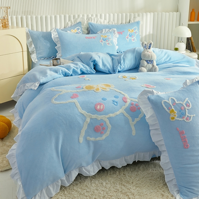 91家纺网 家纺一手货源 找家纺 泉欣新款牛奶绒卡通毛巾绣福兔系列四件套（专版花型） 福兔-蓝