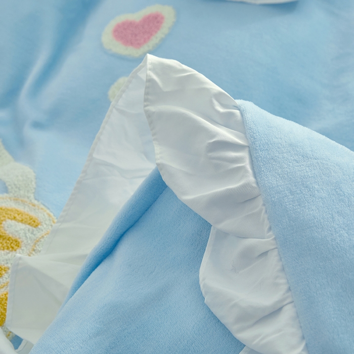 91家纺网 家纺一手货源 找家纺 泉欣新款牛奶绒卡通毛巾绣福兔系列四件套（专版花型） 福兔-蓝