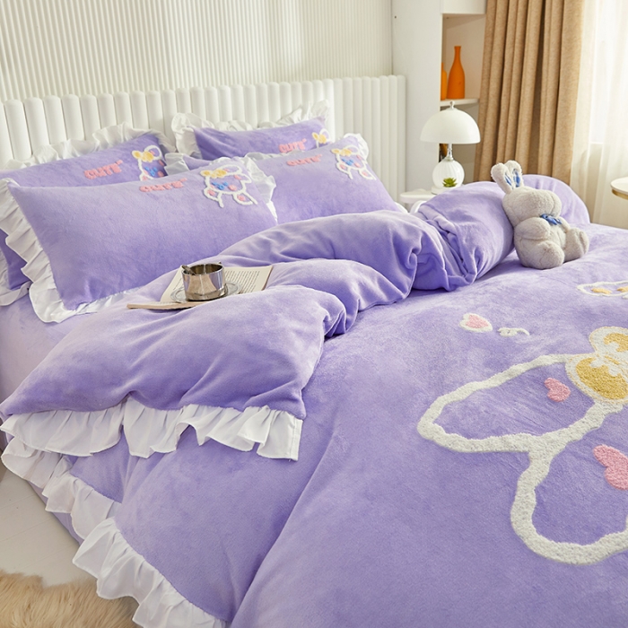 91家纺网 家纺一手货源 找家纺 泉欣新款牛奶绒卡通毛巾绣福兔系列四件套（专版花型） 福兔-紫