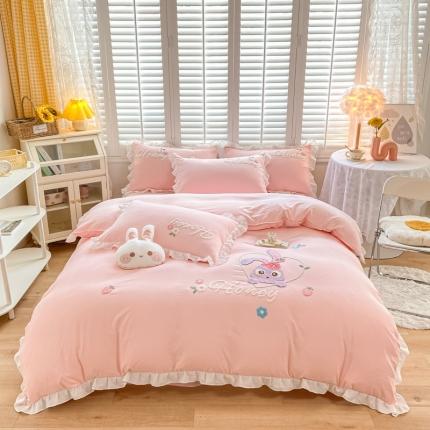 91家纺网 家纺一手货源 找家纺 （总）雨菲 2024新款水洗棉毛巾绣公主风萌萌兔四件套