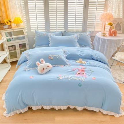 91家纺网 家纺一手货源 找家纺 （总）雨菲 2024新款水洗棉毛巾绣公主风萌萌兔四件套