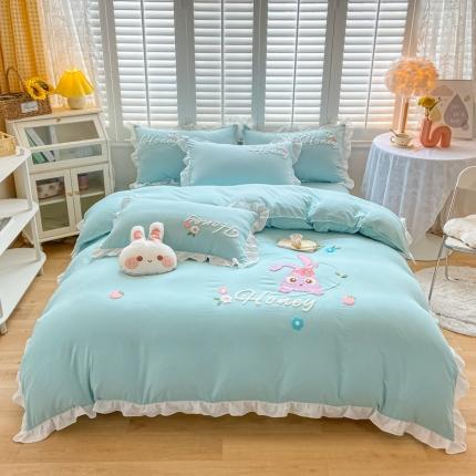 91家纺网 家纺一手货源 找家纺 （总）雨菲 2024新款水洗棉毛巾绣公主风萌萌兔四件套