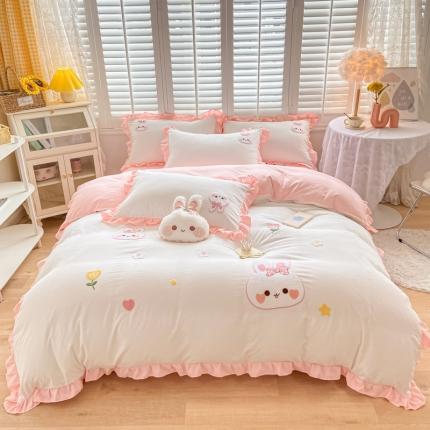 91家纺网 家纺一手货源 找家纺 （总）雨菲 2024新款水洗棉毛巾绣公主风萌萌兔四件套