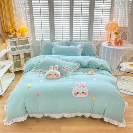 91家纺网 家纺一手货源 找家纺 （总）雨菲 2024新款水洗棉毛巾绣公主风萌萌兔四件套
