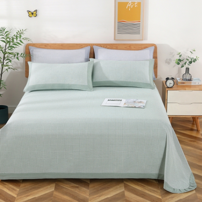 91家纺网 家纺一手货源 找家纺 恋尚羽 2025新款千鸟格加厚纯棉老粗布凉席三件套 千鸟格-绿