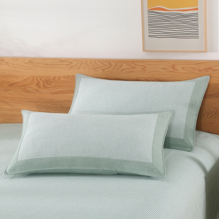 91家纺网 家纺一手货源 找家纺 恋尚羽 2025新款千鸟格加厚纯棉老粗布凉席三件套 千鸟格-绿