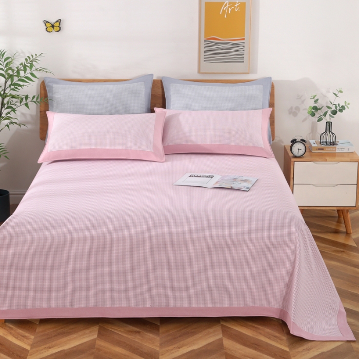 91家纺网 家纺一手货源 找家纺 恋尚羽 2025新款千鸟格加厚纯棉老粗布凉席三件套 千鸟格-粉