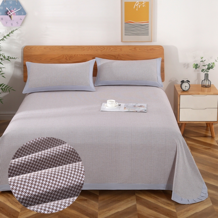 91家纺网 家纺一手货源 找家纺 恋尚羽 2025新款千鸟格加厚纯棉老粗布凉席三件套 千鸟格-咖