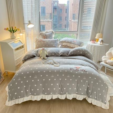 91家纺网 家纺一手货源 找家纺 其奥2023保暖加厚牛奶绒宝宝绒韩版公主风四件套心悦-高级灰