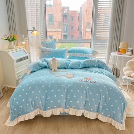 91家纺网 家纺一手货源 找家纺 其奥2022保暖加厚牛奶绒宝宝绒韩版公主风四件套心悦-湖蓝