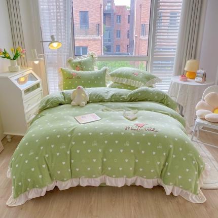 91家纺网 家纺一手货源 找家纺 其奥2022保暖加厚牛奶绒宝宝绒韩版公主风四件套心悦-芥绿