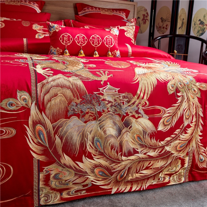 91家纺网 家纺一手货源 找家纺 2022新款高支高密长绒棉婚庆套件 高山流水