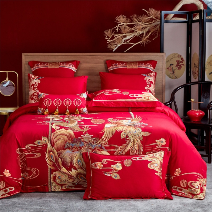 91家纺网 家纺一手货源 找家纺 2022新款高支高密长绒棉婚庆套件 高山流水