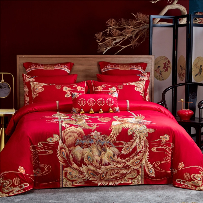 91家纺网 家纺一手货源 找家纺 2022新款高支高密长绒棉婚庆套件 高山流水