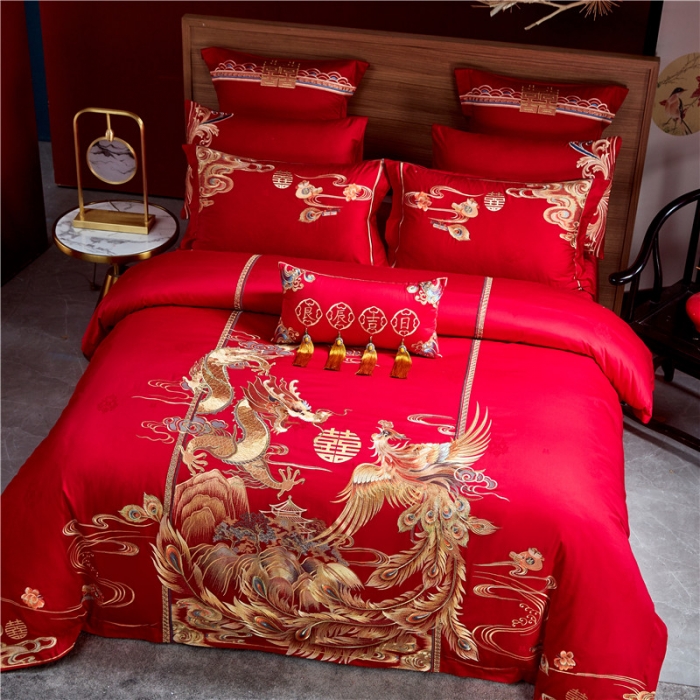 91家纺网 家纺一手货源 找家纺 2022新款高支高密长绒棉婚庆套件 高山流水