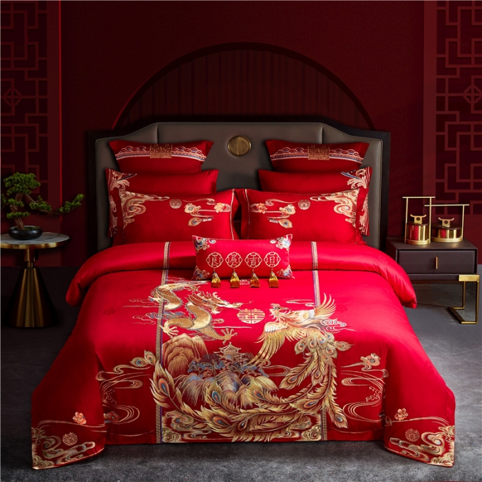 91家纺网 家纺一手货源 找家纺 2022新款高支高密长绒棉婚庆套件 高山流水