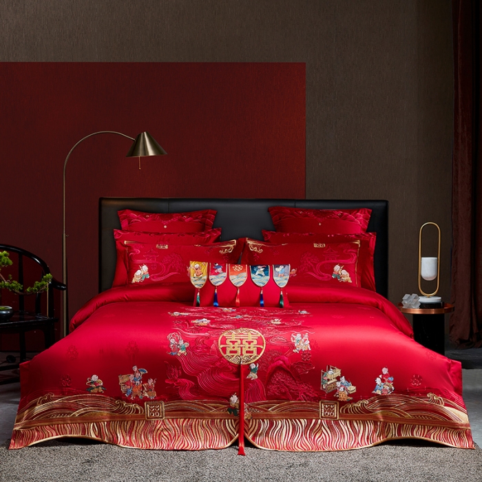 91家纺网 家纺一手货源 找家纺 2022新款高支高密长绒棉婚庆套件 欢喜百子