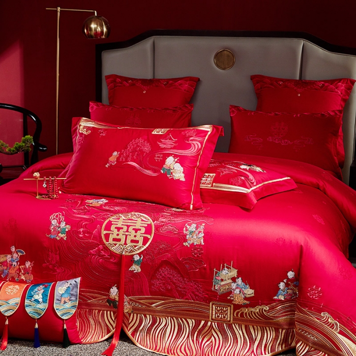 91家纺网 家纺一手货源 找家纺 2022新款高支高密长绒棉婚庆套件 欢喜百子