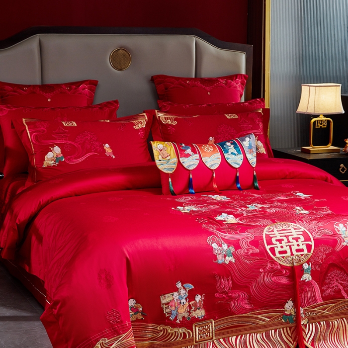 91家纺网 家纺一手货源 找家纺 2022新款高支高密长绒棉婚庆套件 欢喜百子