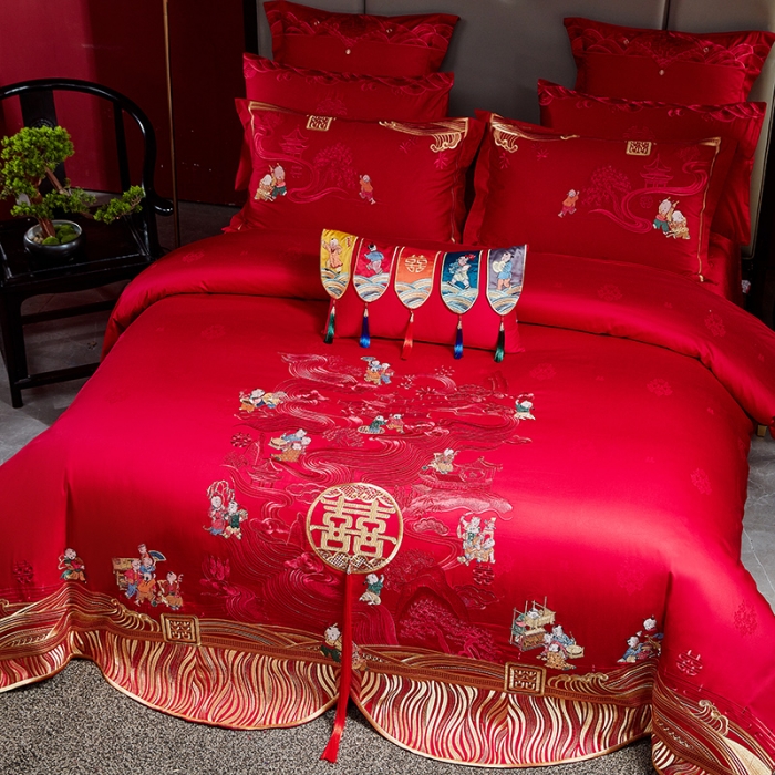 91家纺网 家纺一手货源 找家纺 2022新款高支高密长绒棉婚庆套件 欢喜百子