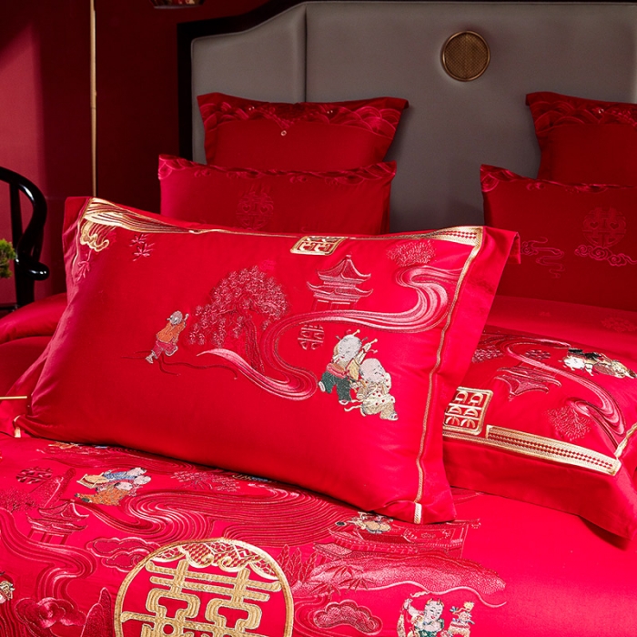 91家纺网 家纺一手货源 找家纺 2022新款高支高密长绒棉婚庆套件 欢喜百子