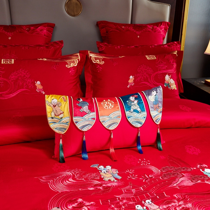 91家纺网 家纺一手货源 找家纺 2022新款高支高密长绒棉婚庆套件 欢喜百子