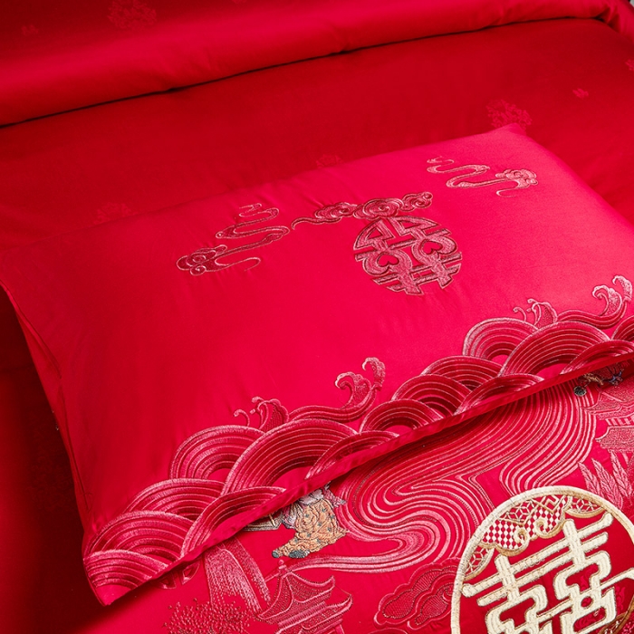 91家纺网 家纺一手货源 找家纺 2022新款高支高密长绒棉婚庆套件 欢喜百子