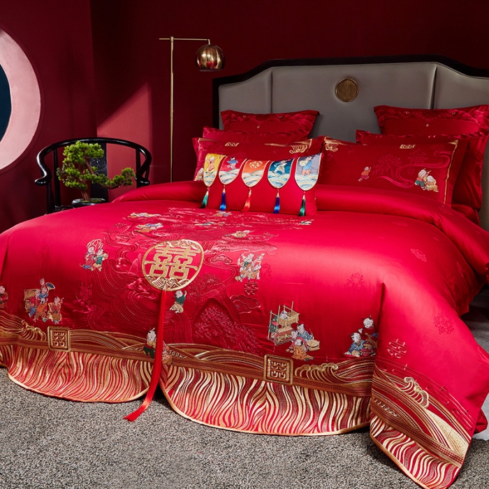 91家纺网 家纺一手货源 找家纺 2022新款高支高密长绒棉婚庆套件 欢喜百子