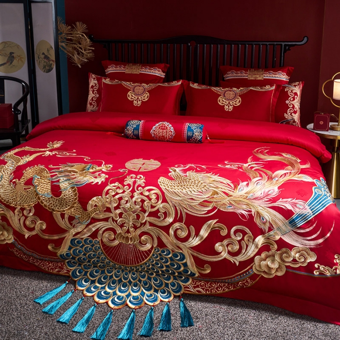 91家纺网 家纺一手货源 找家纺 2022新款高支高密长绒棉婚庆套件 天朝贺禧