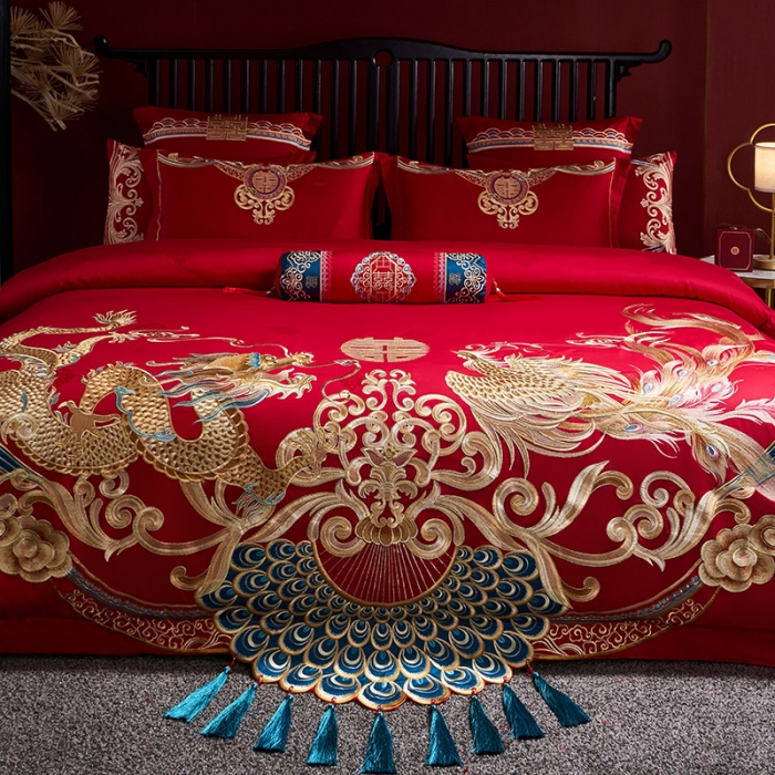 91家纺网 家纺一手货源 找家纺 2022新款高支高密长绒棉婚庆套件 天朝贺禧