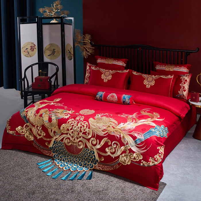 91家纺网 家纺一手货源 找家纺 2022新款高支高密长绒棉婚庆套件 天朝贺禧