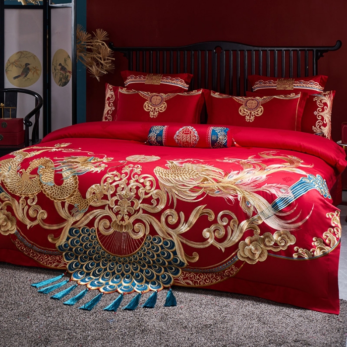 91家纺网 家纺一手货源 找家纺 2022新款高支高密长绒棉婚庆套件 天朝贺禧