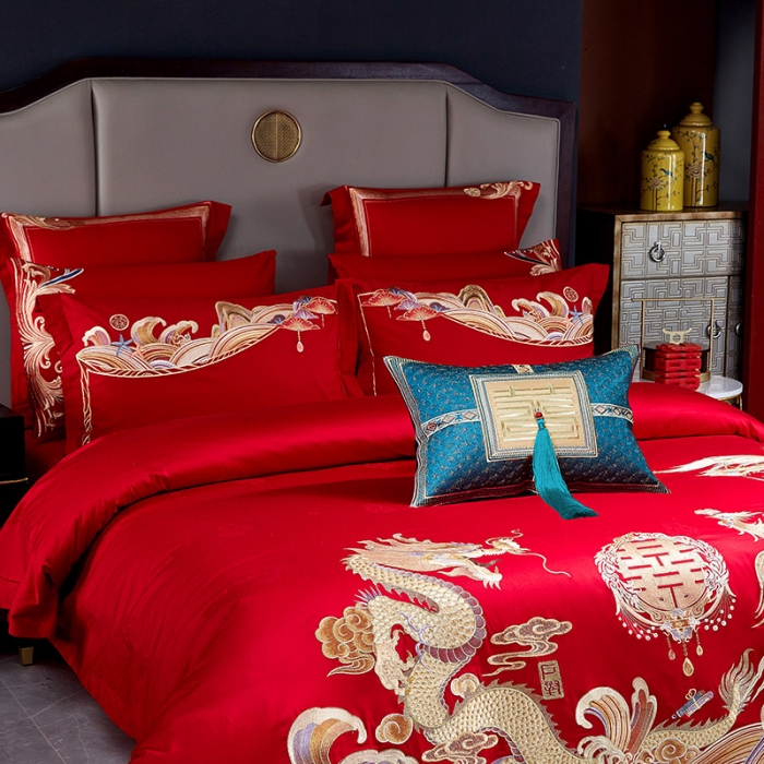 91家纺网 家纺一手货源 找家纺 新款高支高密长绒棉婚庆套件王者龙凤