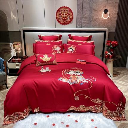 91家纺网 家纺一手货源 找家纺 2022新款全棉13372喷气全棉大红婚庆四件套多件套 爱相伴