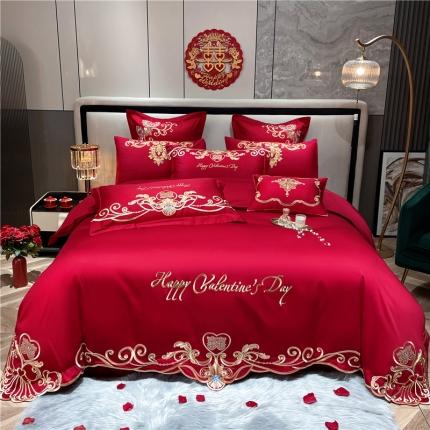 91家纺网 家纺一手货源 找家纺 2022新款全棉13372喷气全棉大红婚庆四件套多件套 爱意绵绵