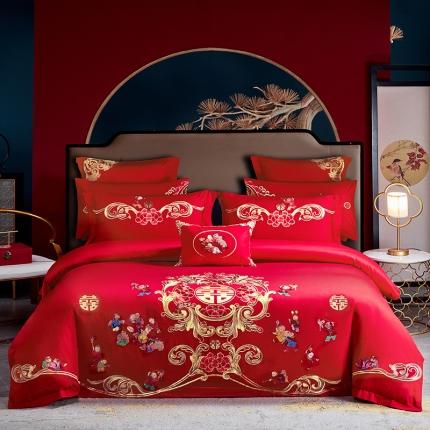 91家纺网 家纺一手货源 找家纺 2022新款全棉13372喷气全棉大红婚庆四件套多件套 百子报喜