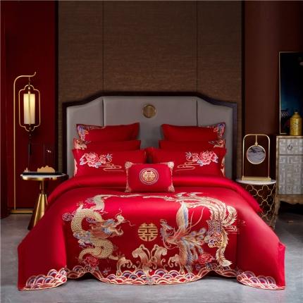 91家纺网 家纺一手货源 找家纺 2022新款全棉13372喷气全棉大红婚庆四件套多件套 龙凤良缘