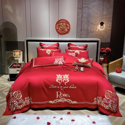 91家纺网 家纺一手货源 找家纺 2022新款全棉13372喷气全棉大红婚庆四件套多件套 吾家有喜