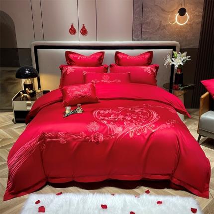 91家纺网 家纺一手货源 找家纺 2022新款全棉13372喷气全棉大红婚庆四件套多件套 醉意红颜-红