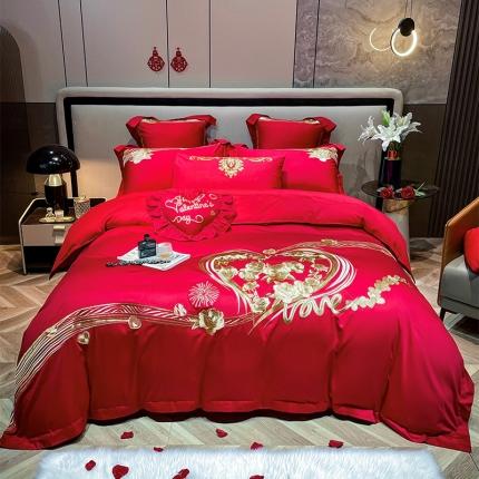 91家纺网 家纺一手货源 找家纺 2022新款全棉13372喷气全棉大红婚庆四件套多件套 醉意红颜-金