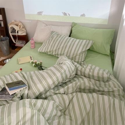 91家纺网 家纺一手货源 找家纺 恋恋三季 2024新款ins韩国粉色复古条纹四件套 绿皮车