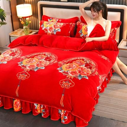 91家纺网 家纺一手货源 找家纺 总 羽梦2023直播7斤印花牛奶绒床裙款水晶法莱绒金貂四件套