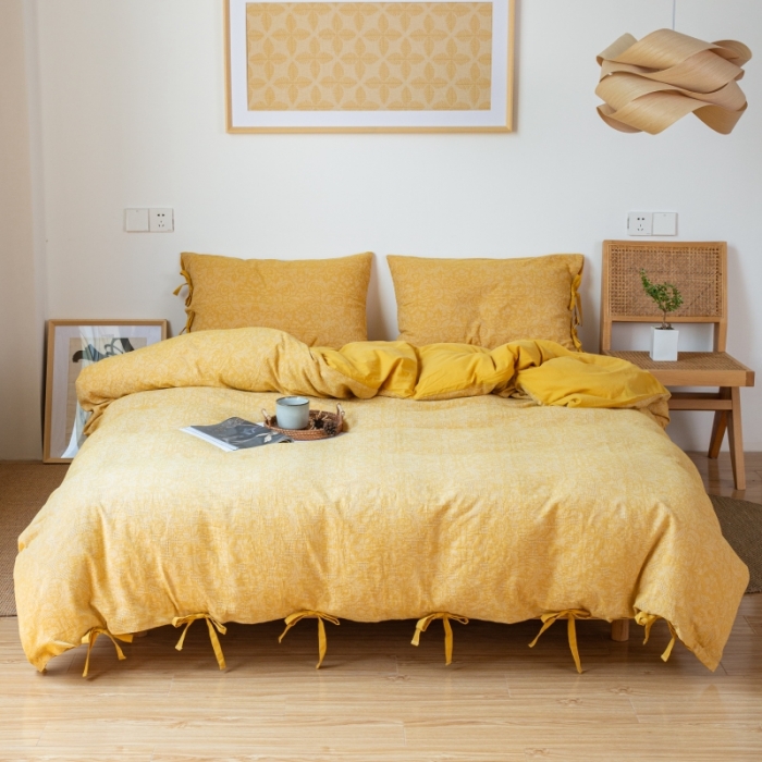 91家纺网 家纺一手货源 找家纺 安莱生活 2022新款华夫格双层纱四件套 华夫格姜黄