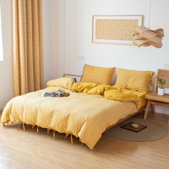 91家纺网 家纺一手货源 找家纺 安莱生活 2022新款华夫格双层纱四件套 华夫格姜黄