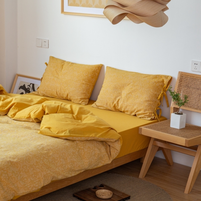 91家纺网 家纺一手货源 找家纺 安莱生活 2022新款华夫格双层纱四件套 华夫格姜黄