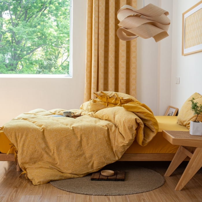 91家纺网 家纺一手货源 找家纺 安莱生活 2022新款华夫格双层纱四件套 华夫格姜黄