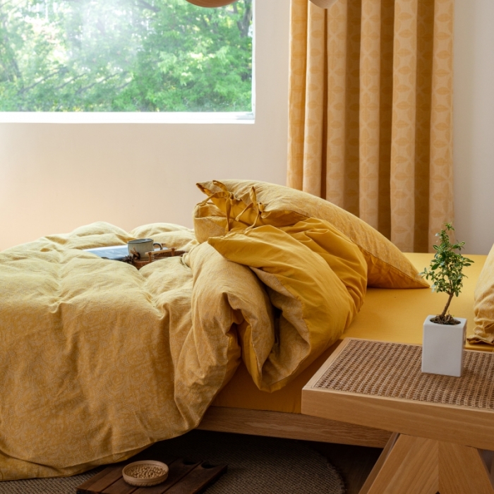 91家纺网 家纺一手货源 找家纺 安莱生活 2022新款华夫格双层纱四件套 华夫格姜黄