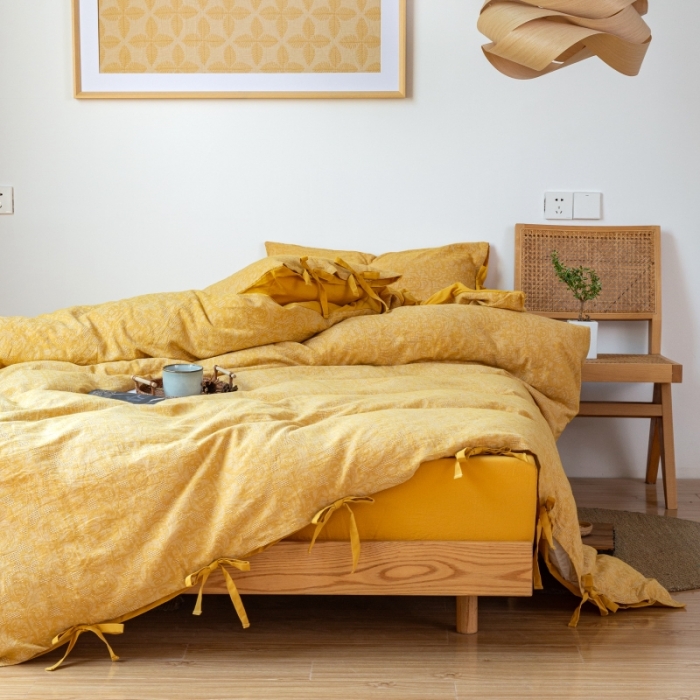 91家纺网 家纺一手货源 找家纺 安莱生活 2022新款华夫格双层纱四件套 华夫格姜黄