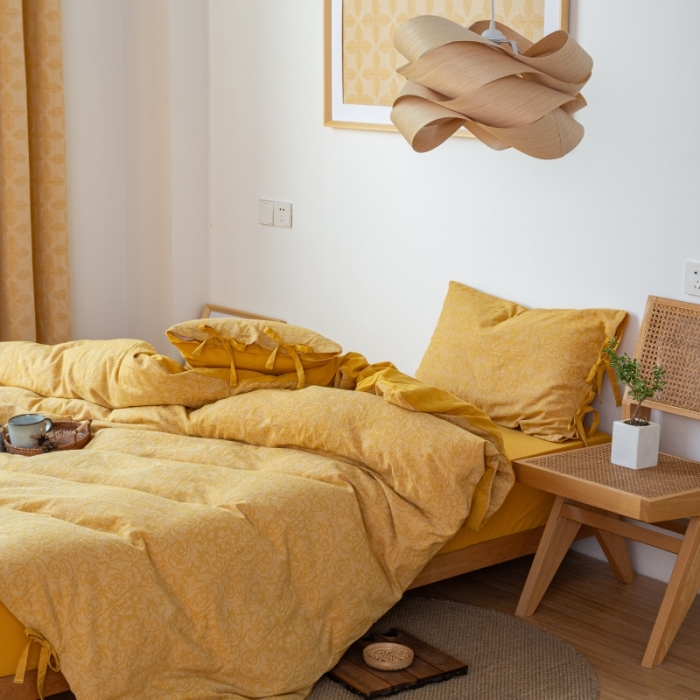 91家纺网 家纺一手货源 找家纺 安莱生活 2022新款华夫格双层纱四件套 华夫格姜黄