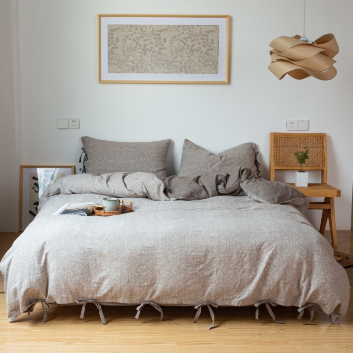 91家纺网 家纺一手货源 找家纺 安莱生活 2022新款华夫格双层纱四件套 华夫格浅灰